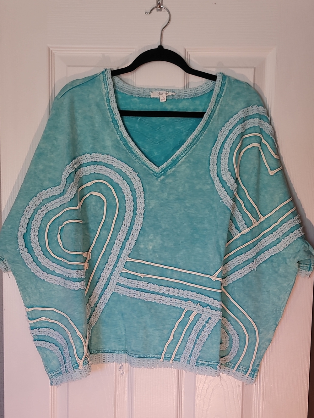 Oli & Hali Boho Heart Embroidered V-Neck Sweater in Aqua